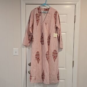 Lea Pink Stripe Red Flower Patterned  Maxi Dress L